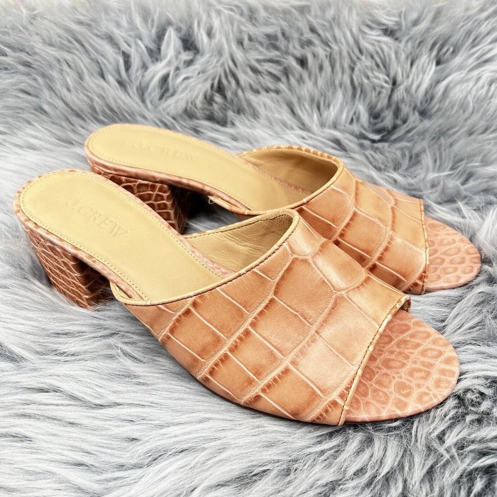 J. Crew Croc Embossed Leather Peep Toe Block Heel Slide Sandals Womens Sz 8 NEW - Picture 3 of 8
